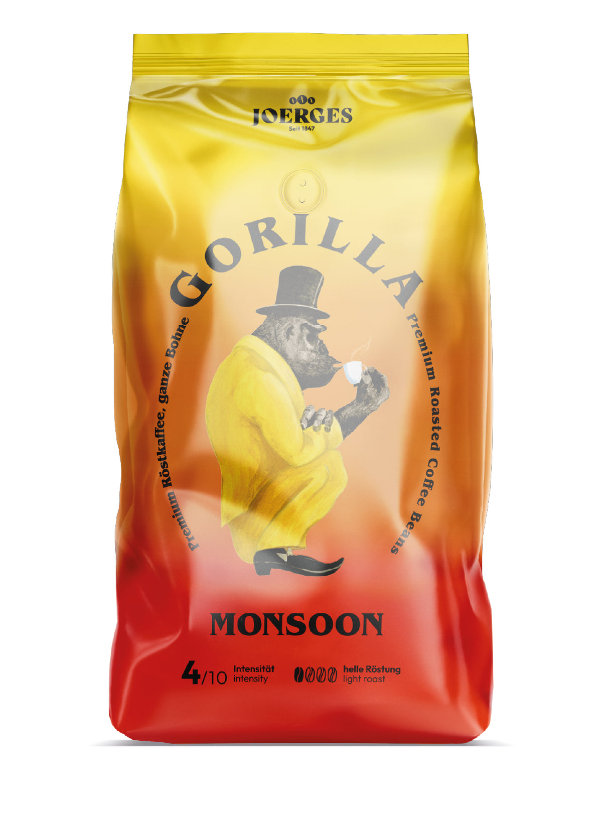 Frontansicht der Verpackung von Gorilla Monsoon, 1kg Bohnen.