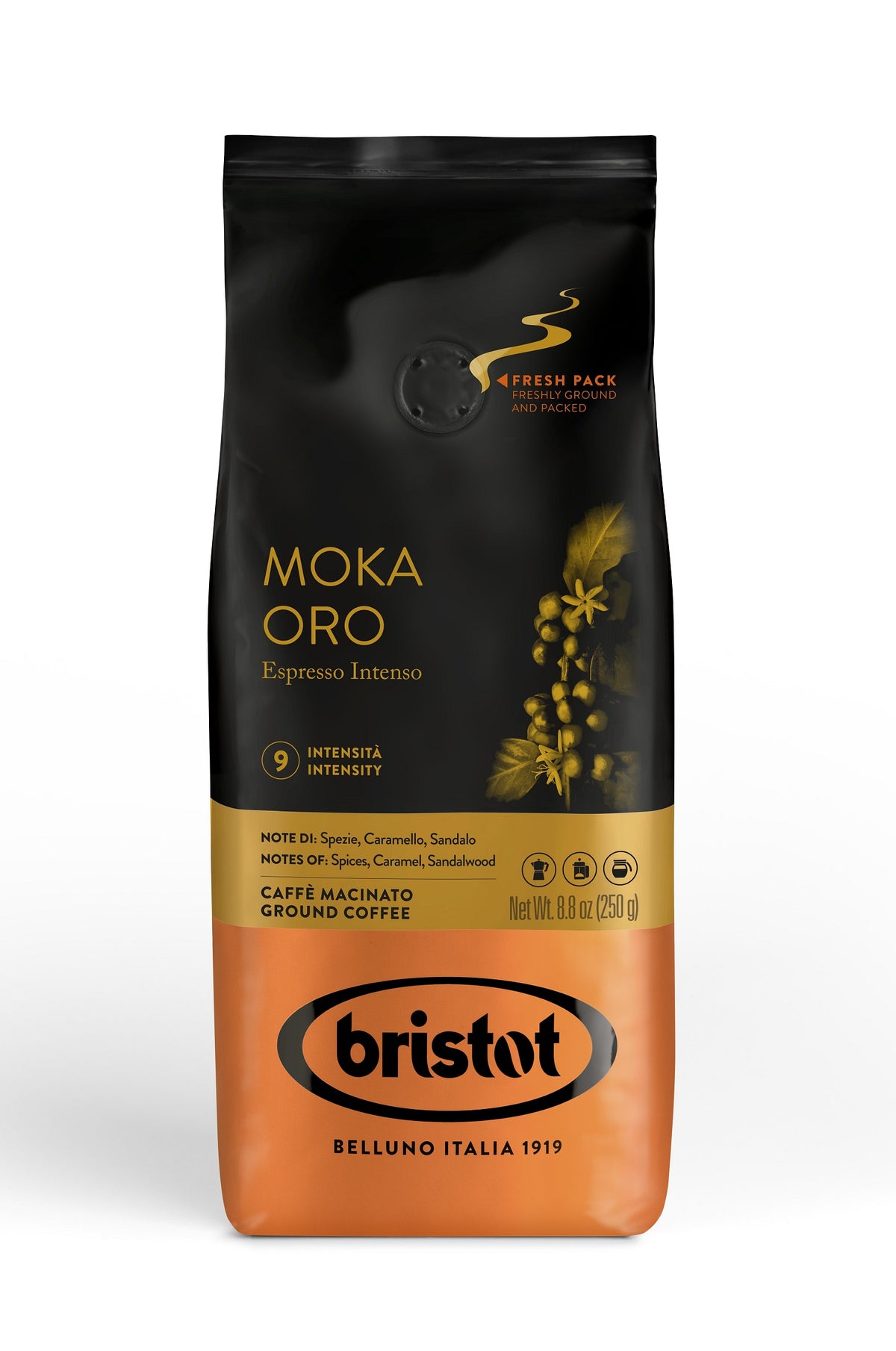 Frontansicht der Verpackung von Bristot Moka Oro.