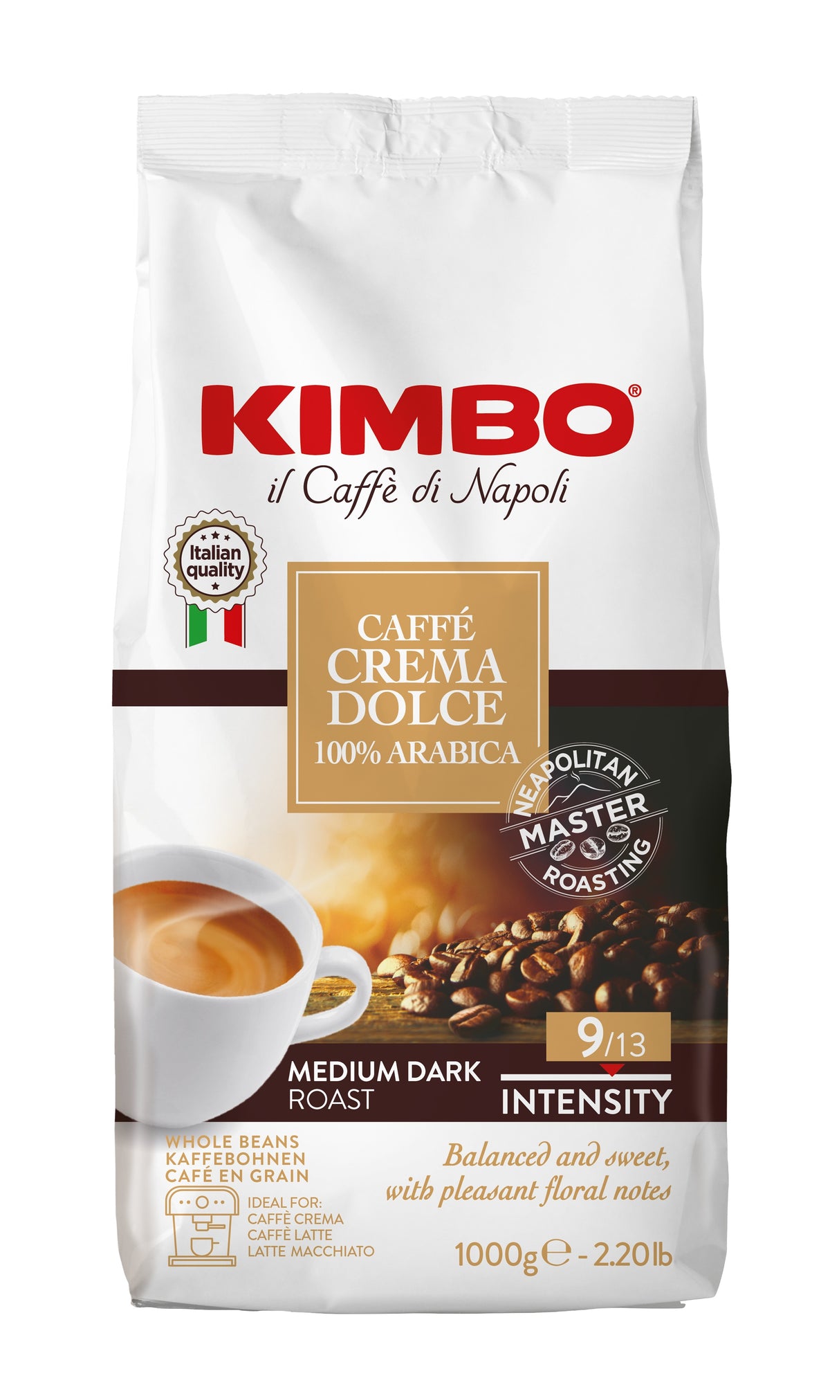 Frontansicht der Verpackung von Kimbo Caffe Crema Dolce.
