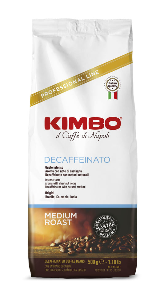Frontansicht der Verpackung von Kimbo Espresso Decaffeinato.