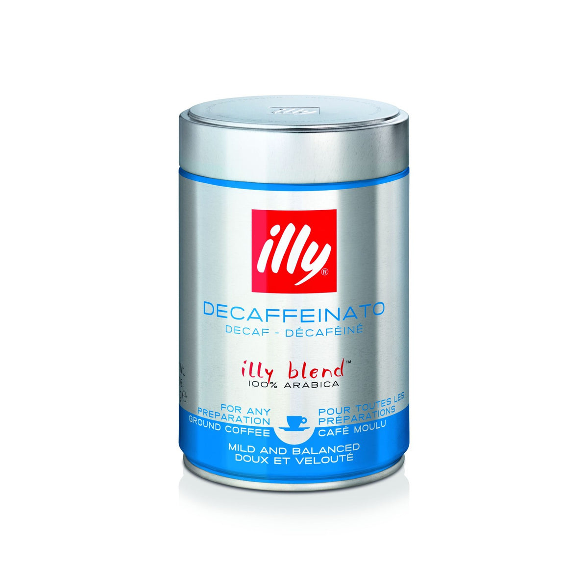 Frontansicht der Verpackung von illy Decaf entkoffeiniert.