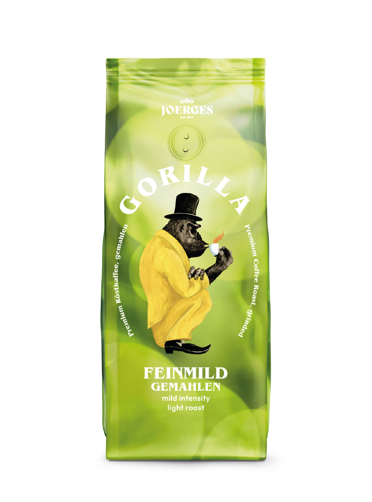 Frontansicht der Verpackung von Gorilla Feinmild, 500g gemahlen.