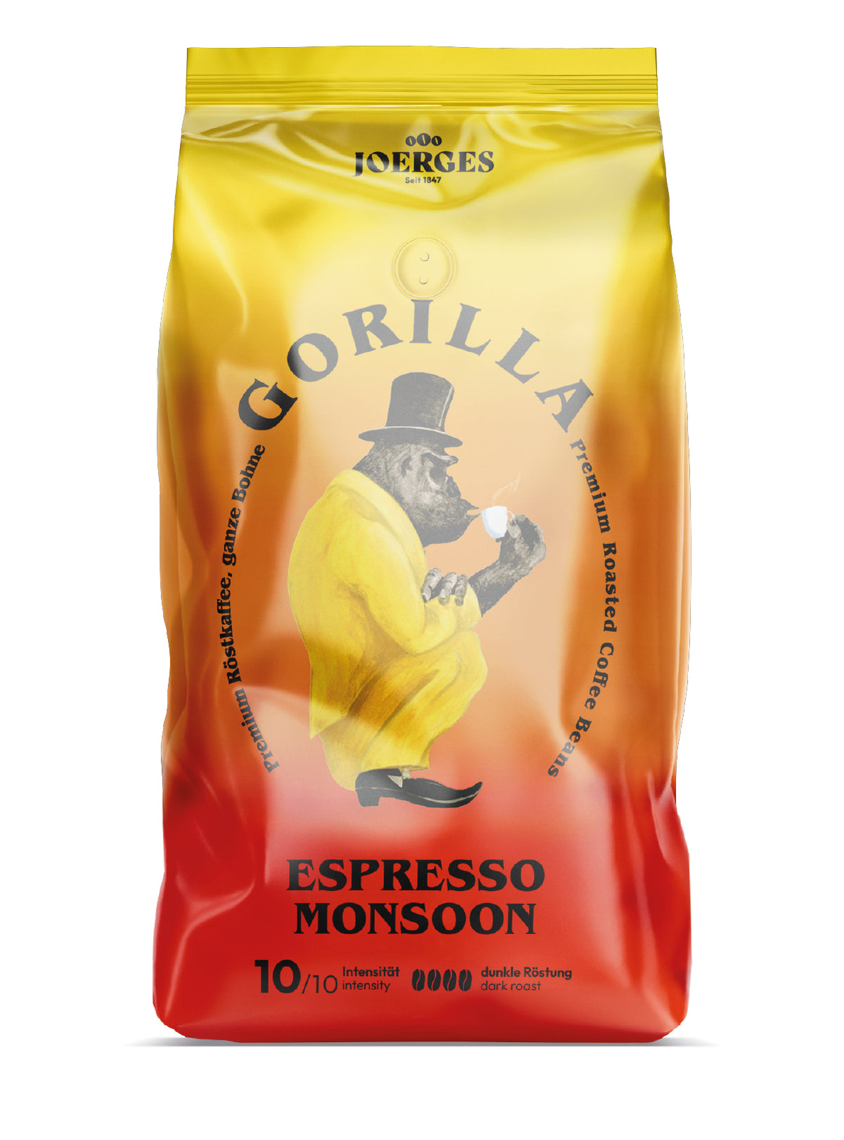 Frontansicht der Verpackung von Gorilla Espresso Monsoon, 1kg Bohnen.