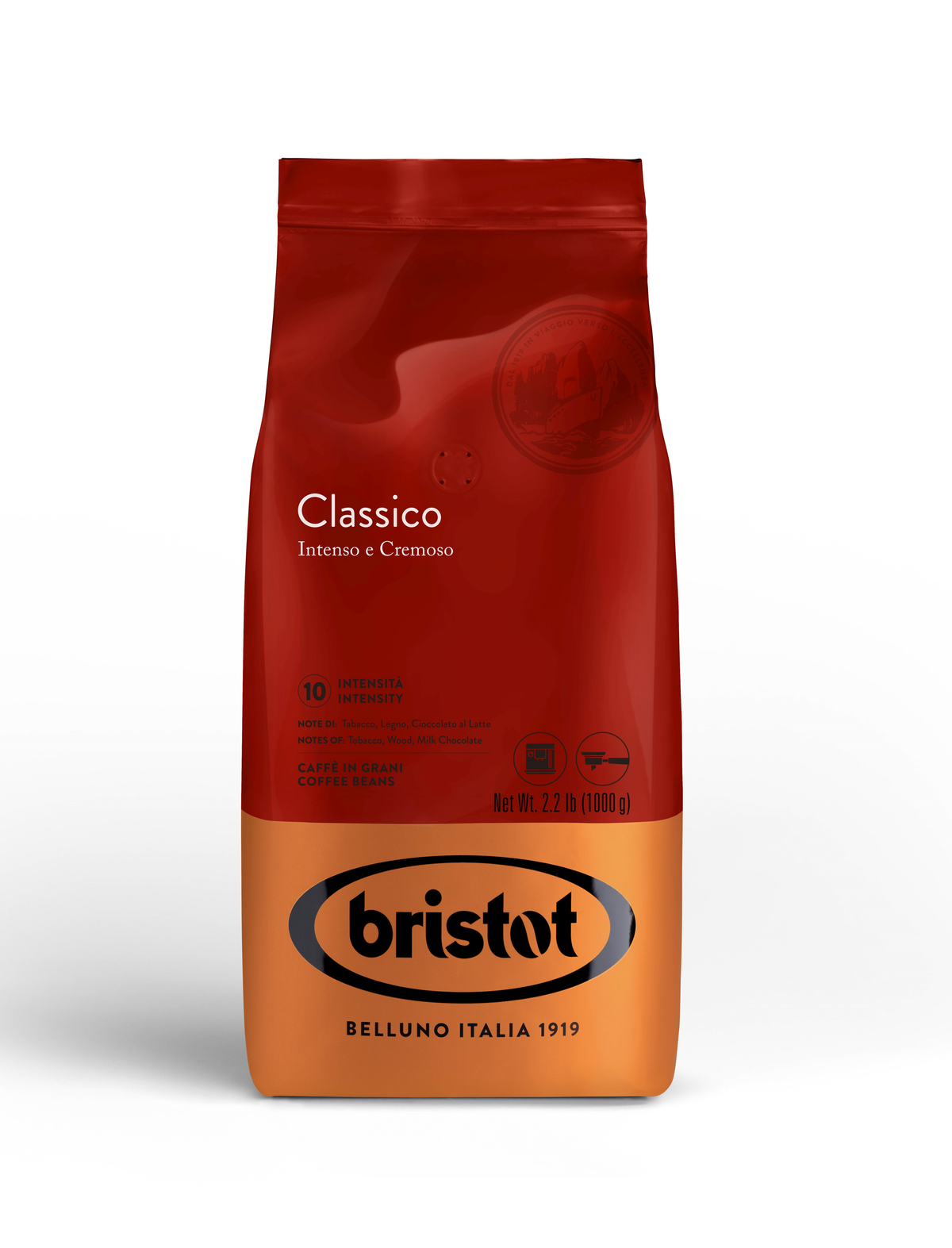 Frontansicht der Verpackung von Bristot Classico Kaffee.